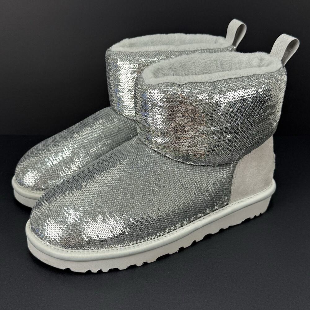UGG Classic Mini Mirror Ball Women’s 7 Silver Sequin Boots Suede Winter NEW